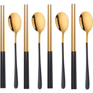 TEAHA Reusable Korean Chopstick and Spoon Set,4 Sets Long Handle Stainless Steel Spoon and Chopsticks Set,Metal Chopsticks Dishwasher Safe, Black Gold.