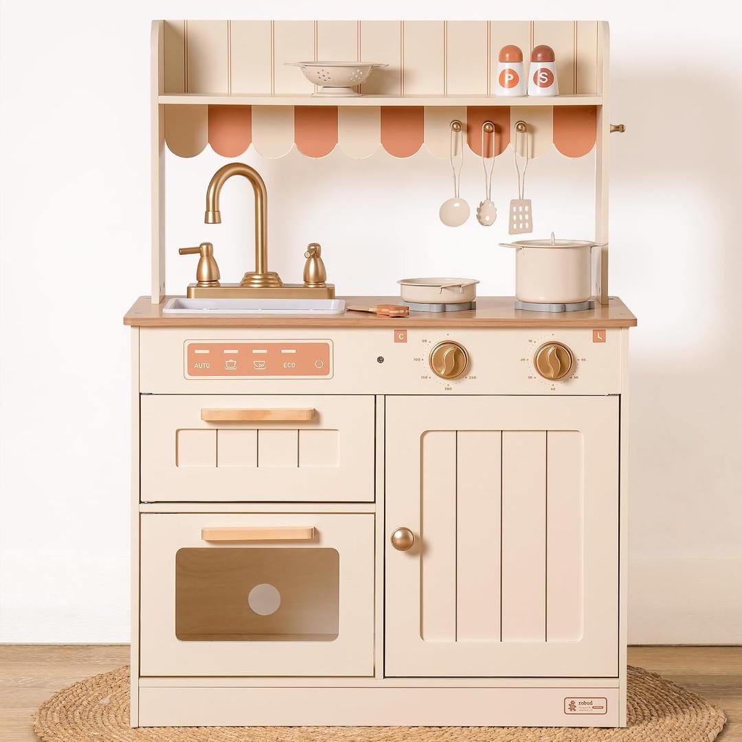 ROBUD Play Kitchen, Wooden Kids Kitchen Playset for Kids with Realistic Design, Sink, Oven, Stove, Cabinet, American Vintage Style, Age 3+, 23 inches x 11.7 inches x 32 inches