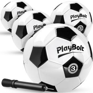 PlayBolt Soccer Ball Size 3 - Premium PVC Leather Cover - Youth Soccer Balls with Pump - Training, Practice, Match & Game Ball for Kids (Pack of 4)