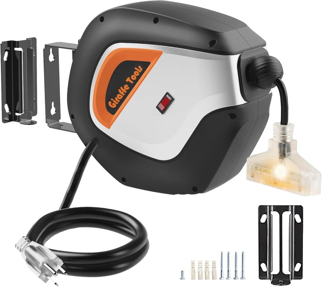 Giraffe Tools DE14 Retractable Extension Cord Reel 50 ft 14/3AWG Power Cord Storage Reel Wall/Ceiling Mount, Lighted Triple Tap Outlet, 50ft, Black Orange