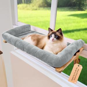 45LBS Capacity Cat Window Perch with Bolster, Hammock Seat with Plywood & Metal Frame, Cat Window Bed for Indoor Cats & Kitten, Extra Cood Pad (Natural Wood & Gray Cushion, 24.8''W x 9.4''H)