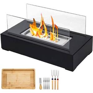 Rozato Tabletop Fire Pit with Smores Kits, Bamboo Smores Box,  Black Powder Coated Steel Base - Tempered Glass Panels - Tabletop Fireplace - Stainless-Steel Burner with Ceramic Wool Wick - Indoor Tabletop Firepit