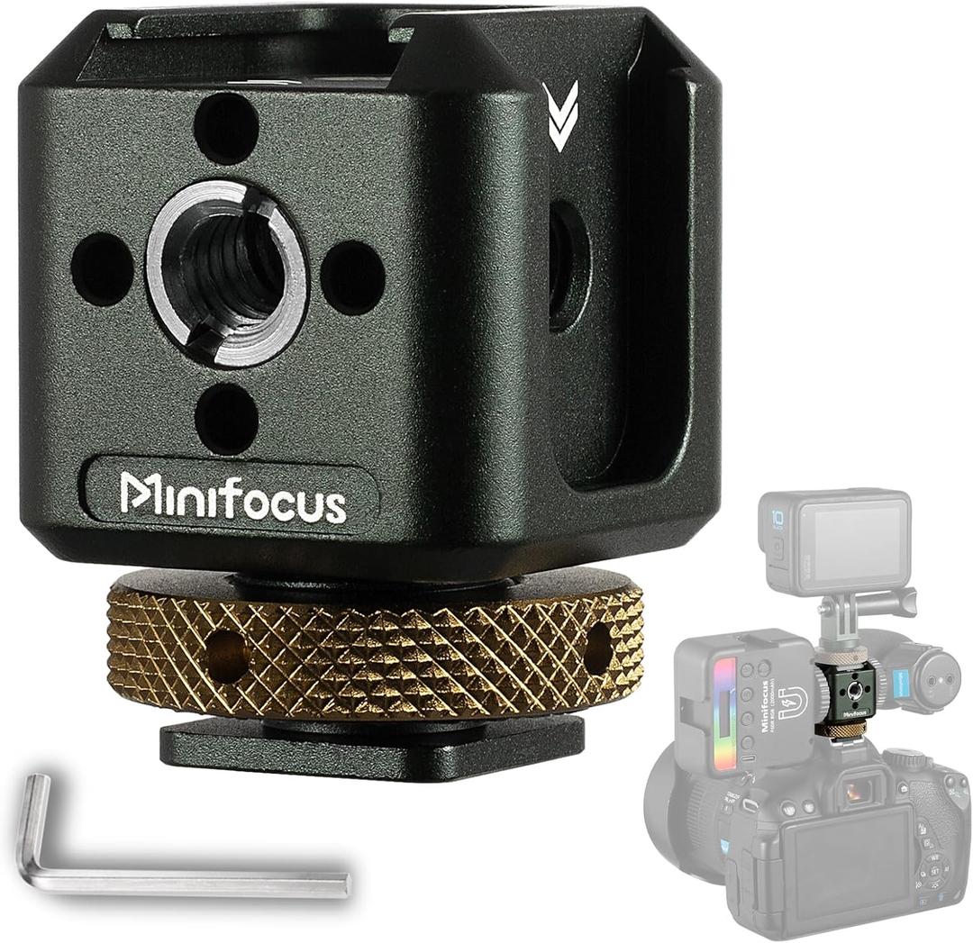 MINIFOCUS Camera Hot Shoe Extension Bracket with Quadruple Cold Shoe Mounts Adapter for Microphone LED Video Light, Aluminum Shoe Mount Holder with 1/4''&3/8'' Thread Hole and Arri-locating Hole