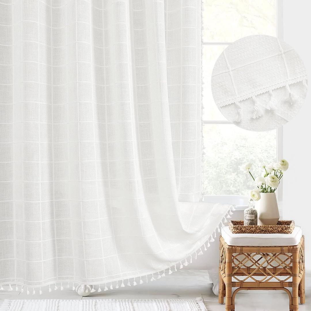 Gibelle White Boho Farmhouse Shower Curtain with Tassels, Rustic Cottagecore Aesthetic Bohemian Chic Modern Bathroom Decor Thick Waffle Textured Fabric Shower Curtain Set with Hooks, 72x72