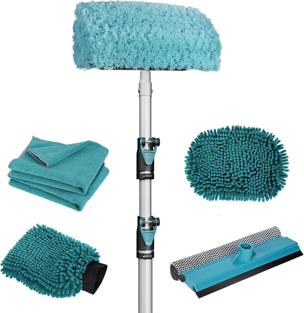 TelesPro 12FT Car Wash Brush with Long Handle, Car Cleaning Kit with Soft Wash Brush, Tire Brush, Window Squeegee, Microfiber Cleaning Head, Mitt, for House Siding, Auto Cars, Trucks, SUV, RV, Floors