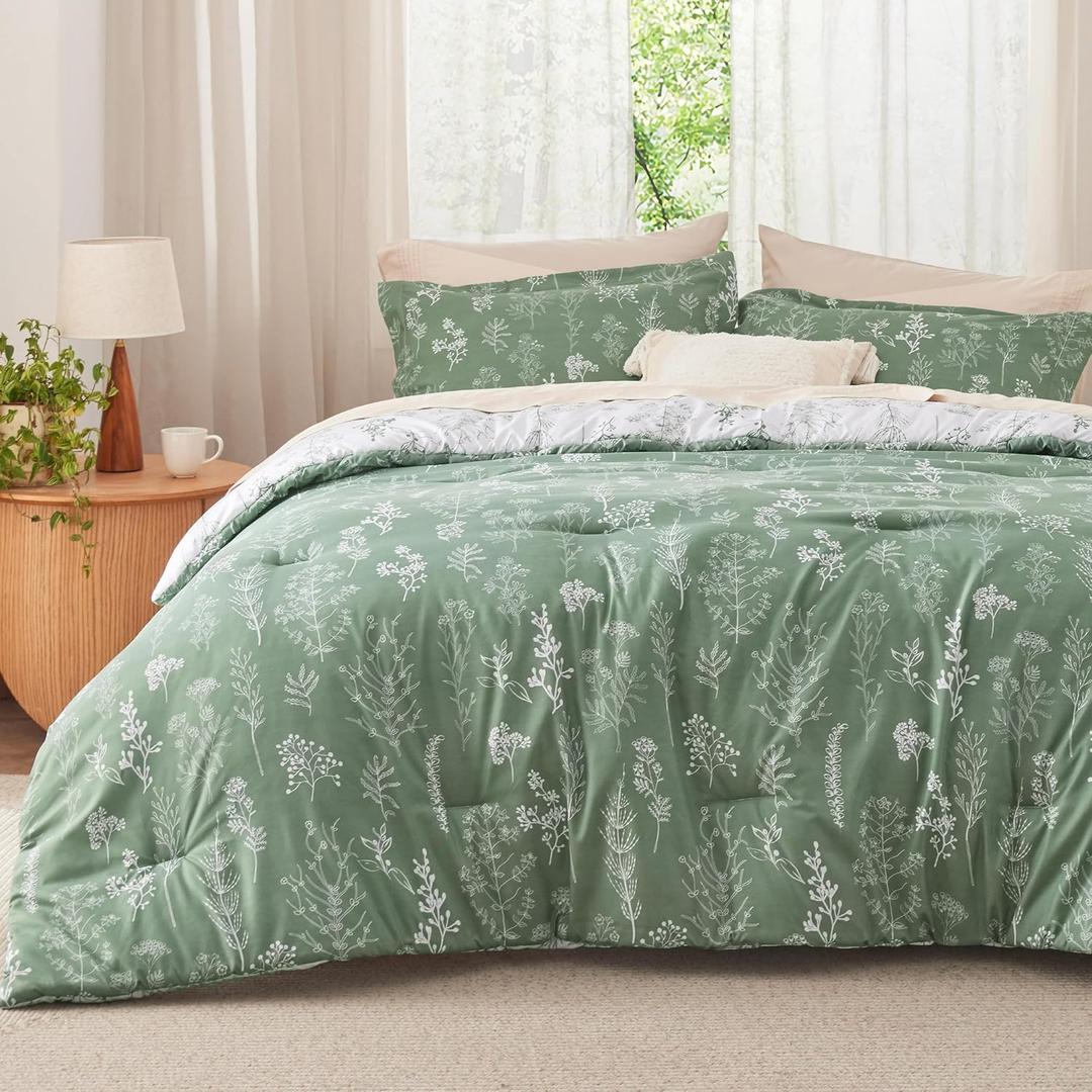 Bedsure King Comforter Set - Green Bed Set, 3 Pieces Cute Floral Bedding, 1 Soft Reversible Botanical Flowers Comforter and 2 Pillow Shams