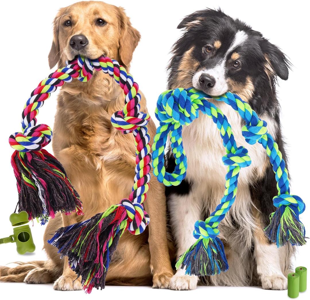 Tough Dog Rope Toys for Aggressive Chewers, Tough Tug of War Dog Toys for Large, Medium & Small Dogs  5 Pack Including 2 Ropes & 3 Supplies (Colorful)
