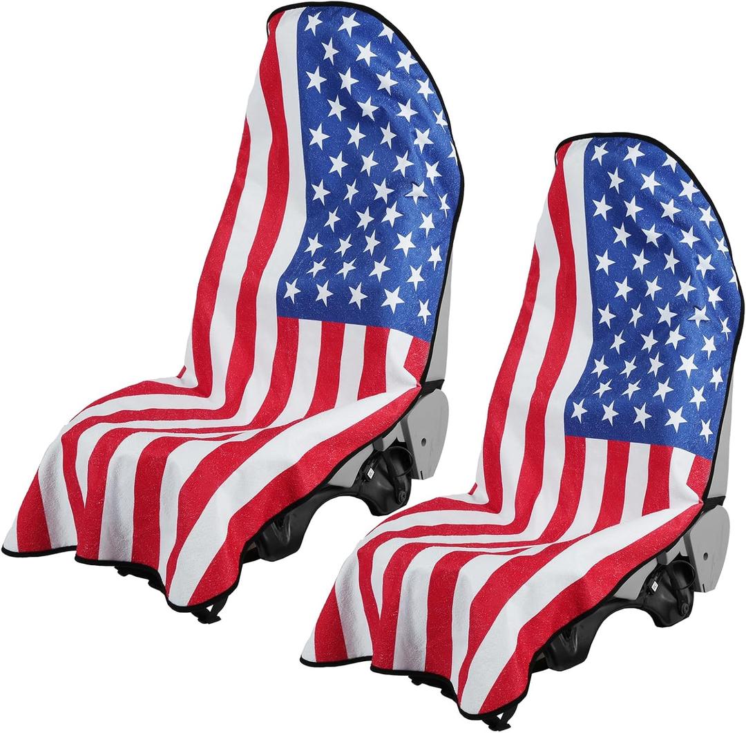 2PCS Terry Cloth seat Cover Universal Waterproof Car Sport Towel Seat Cushion Non-Slip Sweat-Absorbent Towel Cloth Suitable for Gym Workout, Universal Fit for Car SUV Van-Flag