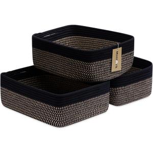 MiniArk Large Shallow Organizing Baskets 15x11x5.1 Inches - Rope Woven Storage Bins for Bathroom, Shelves, Cube Closet, Black Woven Brown (3 Packs)