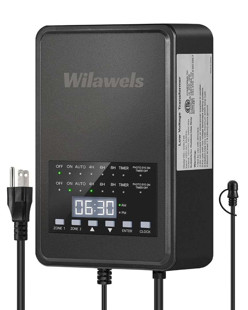 200W Low Voltage Landscape Transformer, 2 Zone Independent Control 120VAC to 12/14VAC Low Voltage Transformer, Landscape Lighting Transformer with Timer& Photocell Sensor ETL Listed D27LT06N1