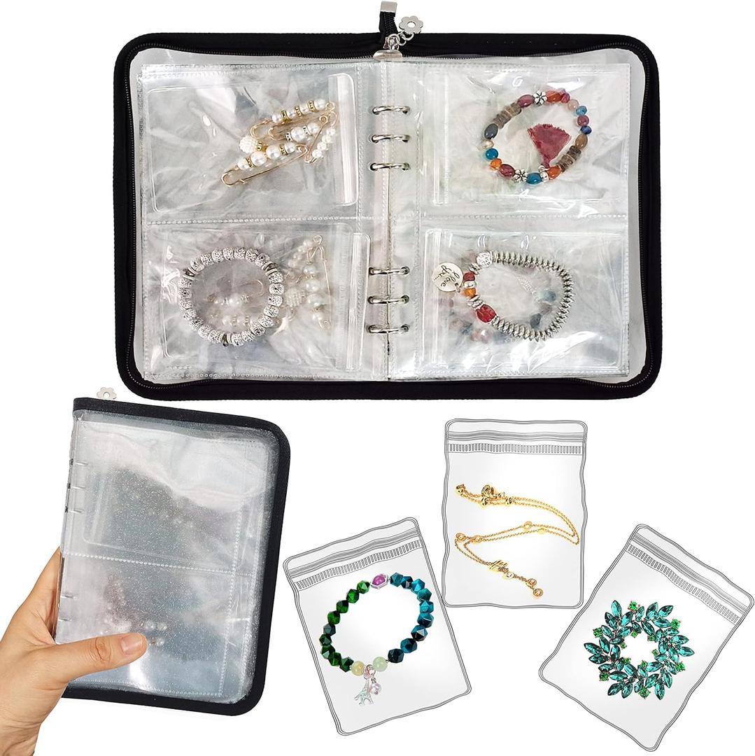 Bracelet Holder Travel Jewelry Organizer Case Transparent Jewelry Storage Book for Earring Necklace Ring with Small Clear Zippered Pouch (Black,48 PCS Large Bags)