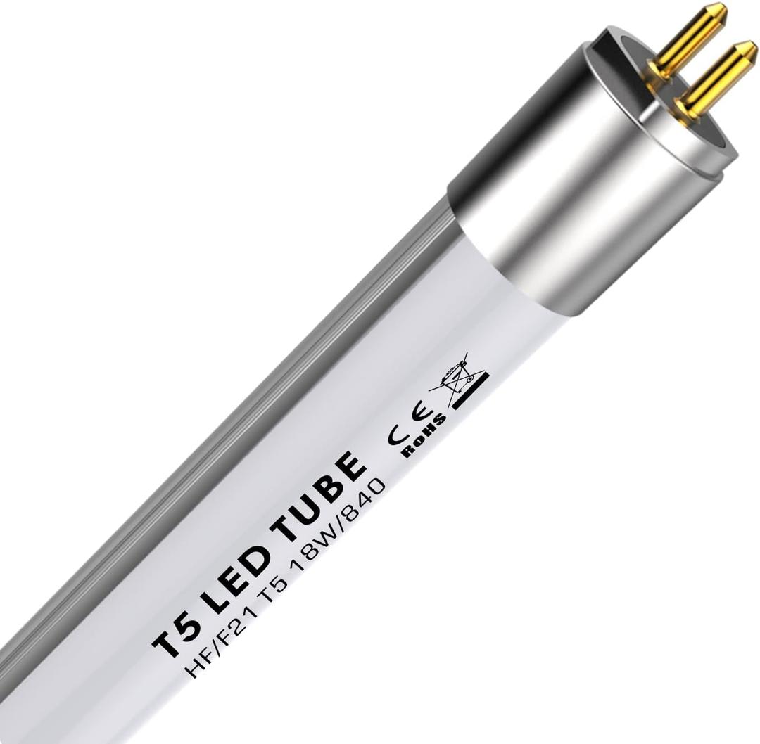 F21T5CW LED T5 Tube, 18W, 34in, 2050lm, 4000K, 840, Cool White, Straight LED Tube for EVG, 140 Degrees, Replacement for 39W Lamp, Miniature G5 Bi-Pin Base, 1 Piece