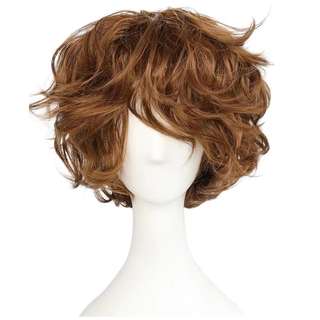 Mens Brown Wig Male Short Fluffy Brown Wig Curly Layered Heat Resistant Synthetic Hair Replacement