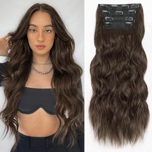 ALXNAN Clip in Hair Extensions for Women, Chocolate Brown with Dark Brown Long Wavy Hair Extensions Clip Ins 4PCS 20 Inch Synthetic Soft and Natural Thick Hair Pieces for Women
