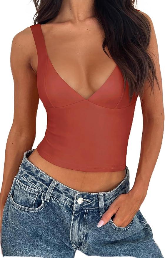 REORIA Women's Summer Sexy Deep V Neck Sleeveless Slim Fit Trendy Y2k Corset Cami Crop Tank Tops
, Medium