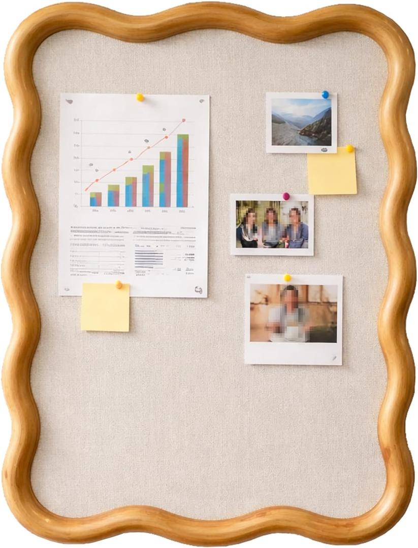Wavy Linen Cork Memo Board, 17.7" x 23.6", Wood Frame, Decorative Pin Display Bulletin Boards for Walls, Home Office Kitchen (Natural)