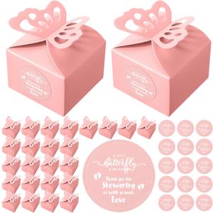 Fulmoon 100 Pieces Baby Shower Butterfly Gift Box Pink Butterfly Favor Boxes Pink Candy Baby Shower Favor with 100 Pcs Labels for Birthday Party Wedding