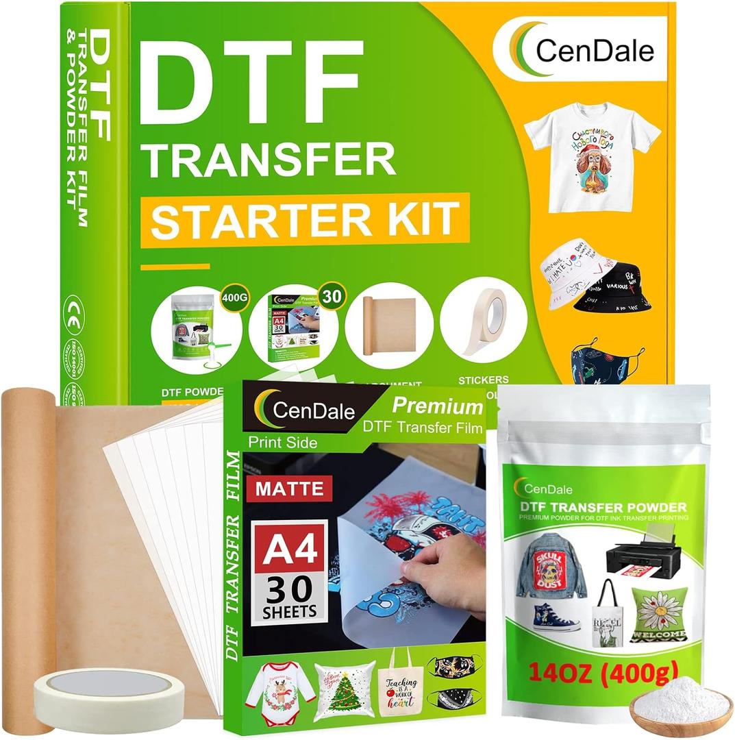 DTF Sublimation Kit - 30 Sheets A4 DTF Film for Sublimation Hack, 14oz DTF Powder WhiteDTF Transfer Starter Kit, Hot & Cold Peel DTF Transfer Film and Powder Kit for DTF & Sublimation Printer