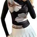 Milumia Women's Y2k Floral Long Sleeve T-Shirts Mock Neck Ruched Mesh Tops Black Large