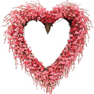 idyllic Heart Valentine Wreath Handmade Red Berry Leaves Heart Shaped Wreath Rustic Twig for Door Decorative 18 Inches Wedding Valentine Decoration