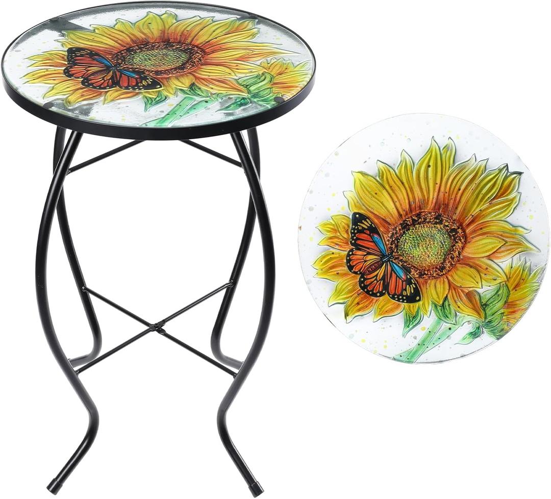 VCUTEKA Patio Side Table Outdoor Accent Table Bistro Coffee Table Plant End Table Small Porch Table Indoor Round Glass Balcony Plant Table Stands Sunflower 14''