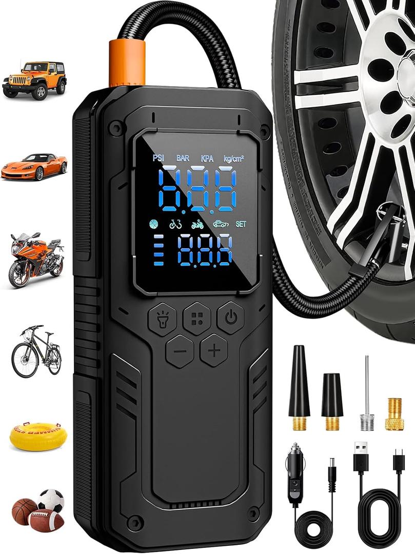 Tire Inflator Portable Air Compressor, 5X Faster Air Pump for Car Tires with Powerful Battery, 12V DC & Autostop, 150PSI Cordless Tire Pump for Car, Motorcycle, Bike, Balls