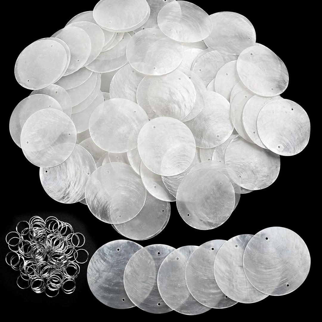 Round Capiz Shells, 200 Pcs Capiz Shells and 100 Pcs Shell Garland Strings Bulk with 2 Holes, 2 Blank Shell Pendants for Wedding Home Decor Birthday Party DIY Craft Hanging