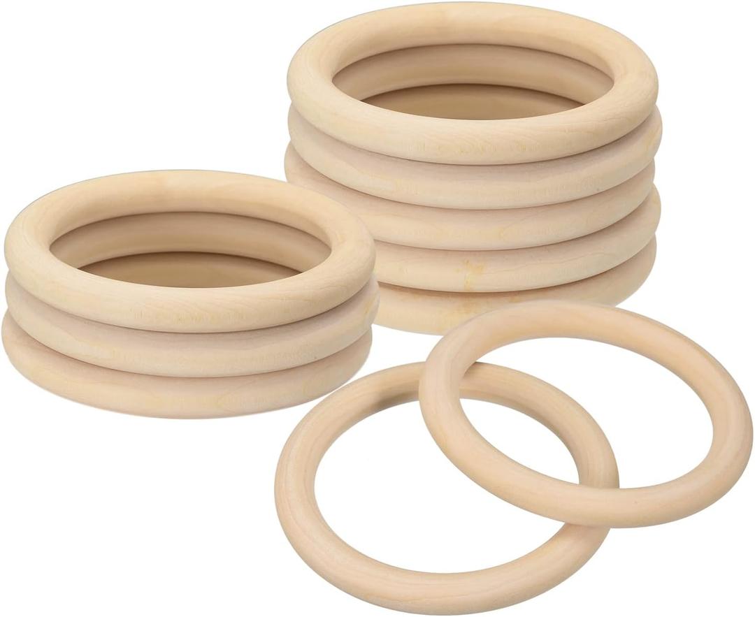 uxcell 10Pcs 90mm(3.5-inch) Natural Wood Rings, 10mm Thick Smooth Unfinished Wooden Circles for DIY Crafting, Knitting, Macrame, Pendant