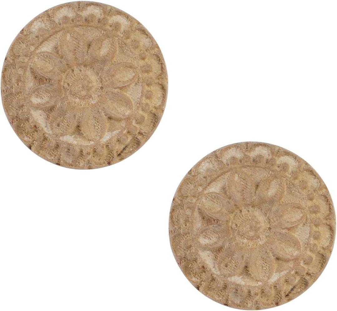 SOFFEE DESIGN 2pcs Wooden Carved Flower Knobs, Decorative Bohemian Style Pulls Handles for Door Cabinet Drawer