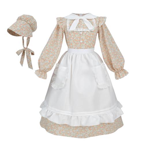 Nuoqi Colonial Dress Girls Pioneer Prairie Dress Laura Ingalls Wilder Costume with Apron Orange, 6-7