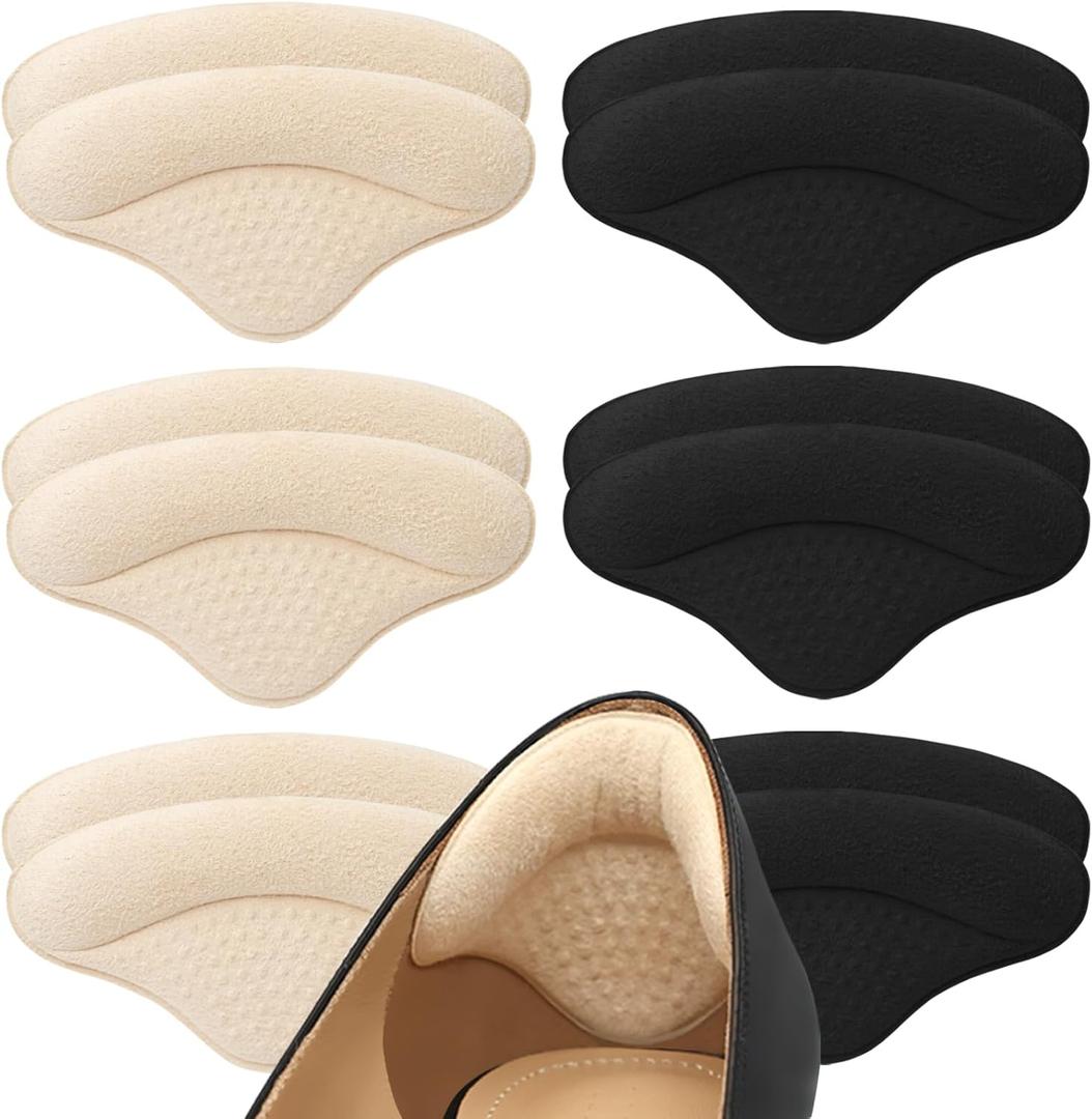 6 Pairs Heel Pads Heel Grips Liner for Loose Shoes, Heel Cushion Pads Heel Inserts for Shoe Too Big Men Women- Ultra Soothing Heel Protectors for Heel Pain, Heel Slipping, Blisters, Friction (Black&Beige)