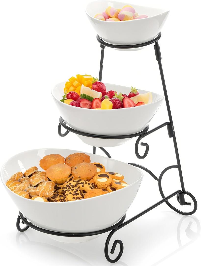 3 Tiered Serving Bowl Stand, Ceramic Chip and Dip Serving Dishes with Collapsible Metal Rack, Appetizer Serving Platters Food Display Stand for Fruit Dessert Parties Entertaining
