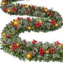 [ Timer & 8 Modes ] 9 Ft by 10 Inch 50 LED Prelit Christmas Garland Decorations Warm White Lights Thick 270 Snowy Tips 70 Red Berry 10 Pinecone Xmas Decor Garland Indoor
