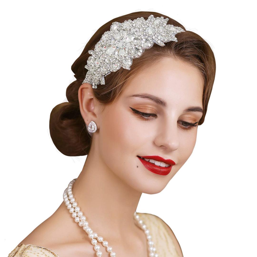 SWEETV Rhinestone Flapper Headband-Elastic 1920s Headpiece, Great Gatsby Hair Accessories for Women (Silver)