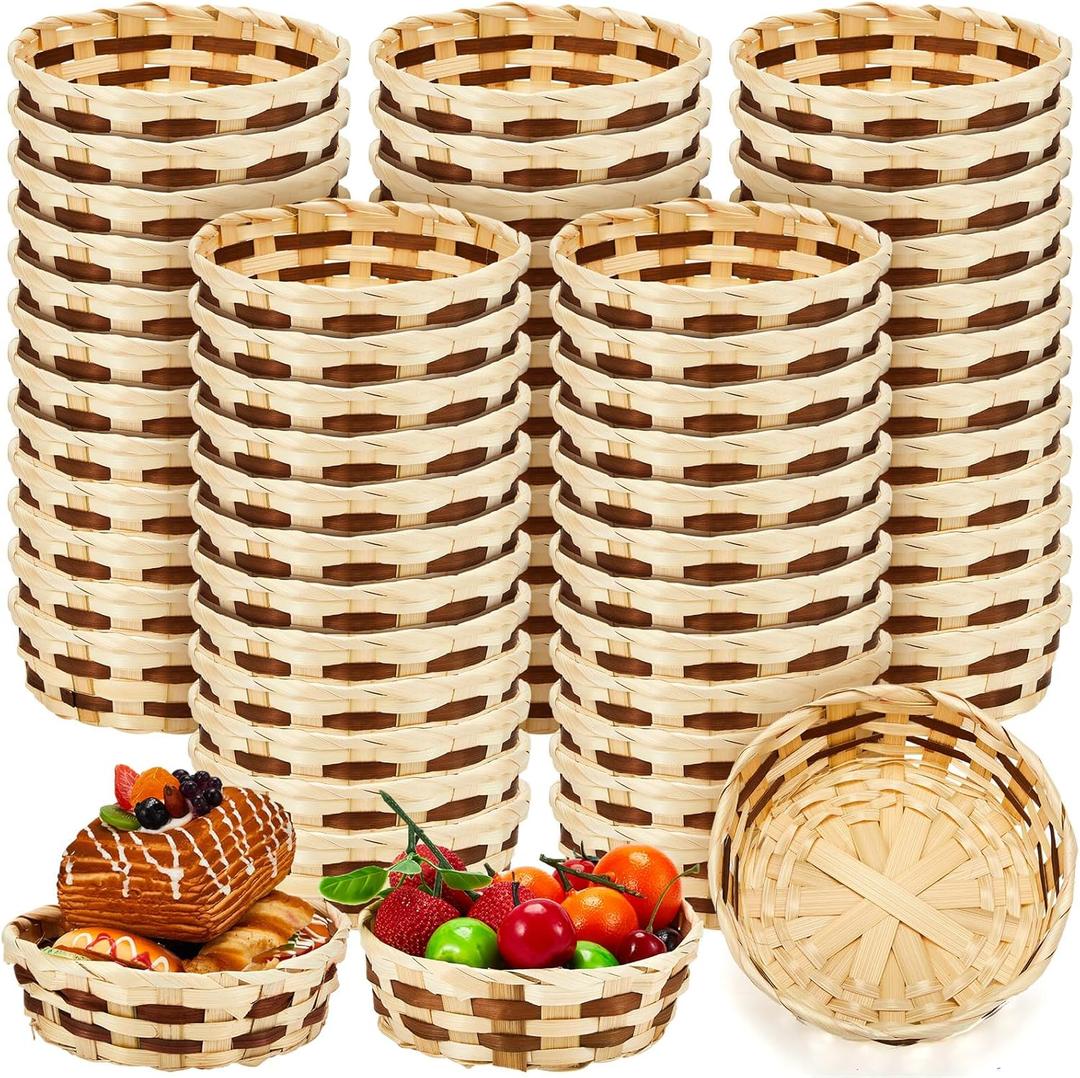 Sintuff 60 Pcs Small Woven Basket Easter Round Bamboo Gift Baskets 6.5 x 2 Inches Wicker Berry Bread Fruit Basket Empty Food Serving Baskets for Picnic Kitchen Restaurant