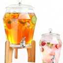 2 PCS Drink Dispenser Set, 2.5 Gallon Total Capacity (7L & 2.6L) - Shatterproof Plastic Beverage Containers with Wood Stand, Leak-Proof Spigot for Juice, Tea, Lemonade & Mimosa Bar Hosting