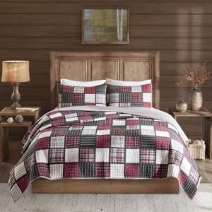 Woolrich Reversible Quilt Cabin Lifestyle Design - All Season, Breathable Coverlet Bedspread Bedding Set, Matching Shams, Oversized King/Cal King, Tulsa Plaid Red/Grey 3 Piece