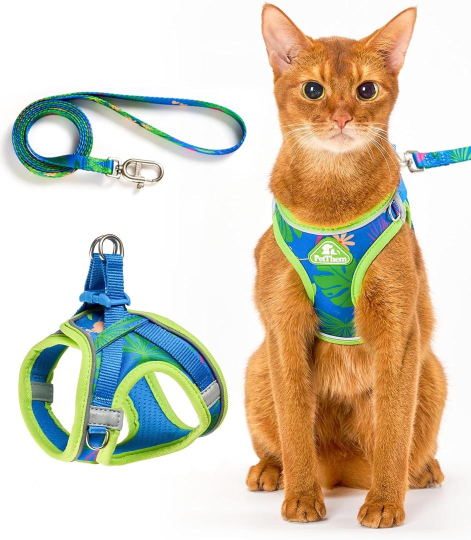 PetThem Upgraded Cat Harness and Leash Set - Step-in Escape Proof Adjustable Cat Harness, Comfortable Soft Lightweight, Reflective Harness for Walking, Travel, Camping (Hawaii Green, M)