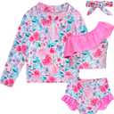 Funnycokid Baby Toddler Girls Swimsuit 4 Piece Bathing Suit Long Sleeve Rash Guard Sets 12 Months - 7 Years (A4 Floral Pink)