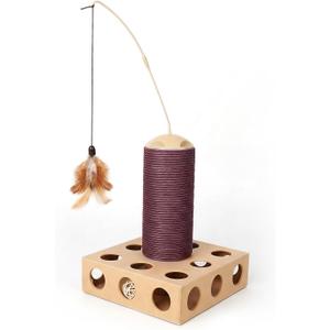 Pawise Cat Scratching Board 3 in 1 with Scratching Post, Rotating Teaser Wand & Bell Ball, Cat Nail File Enrichment Box for Indoor Cats Kitten, Interactive Cat Toys for Boredom Relief
