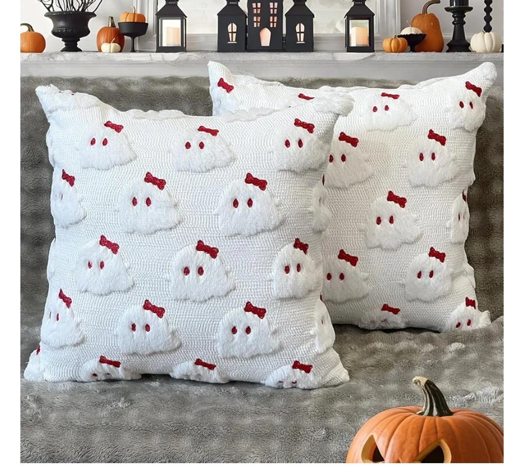 Halloween Ghost Decorative Pillow Covers 18x18, White Ghost with Red Bow Soft Plush Faux Fur Farmhouse Throw Cushion Cases for Halloween Holiday Home Decor Sofa Living Room