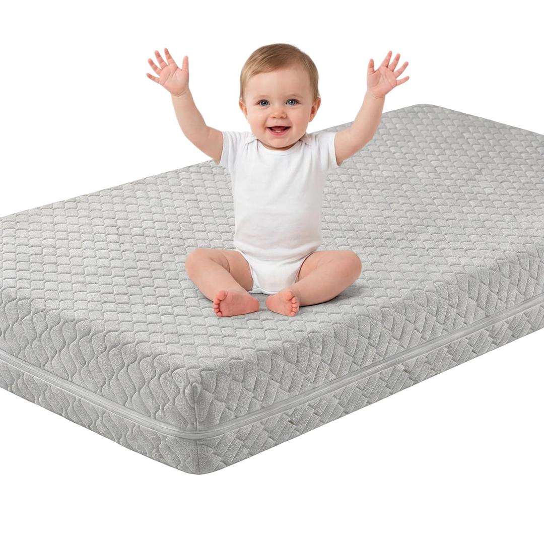 Crib Mattress, Dual-Sided Breathable Baby and Toddler Memory Foam Mattress with Removable and Washable Cover, 100% Knitted Fabric, Fits Standard Cribs and Toddler Beds, 52" x 28" x 5", Grey