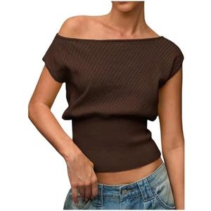 Verdusa Women's Going Out Tops Off The Shoulder Lightweight Sweater Cap Sleeve Cinched Waist Crop Top Size M