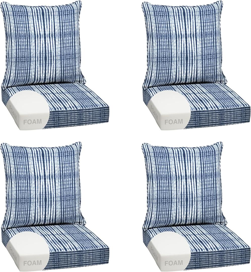 Arden Outdoor Foam Deep Seat Cushion Set (4-Pack), 24x24, Premium High-Density Foam, Never Flattens, Weather-Proof for Patio Chair Sofa Couch, Blue Shibori Stripe