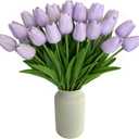 Purple Faux Tulips Real Touch (20 Pcs) - 13.5 Inch Premium PU Artificial Flowers for Valentine's Day, Spring & Easter Home Decor, Wedding Bouquet