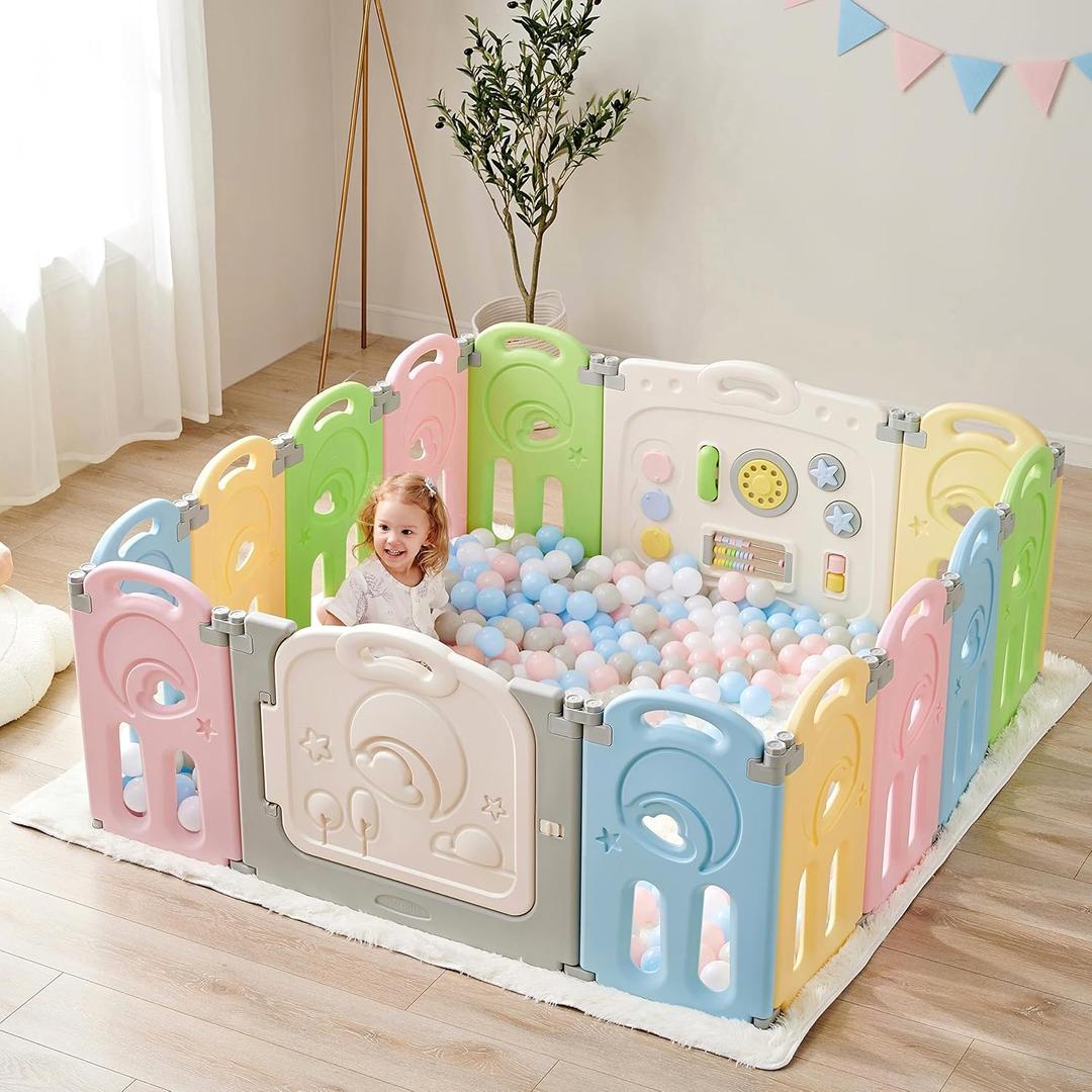 Fortella Cloud Castle Foldable Playpen, Baby Safety Play Yard with Writing Whiteboard and Activity Wall, Pack and Play for Toddlers 1-3, Indoors or Outdoors (Multicolor 14 Panel)