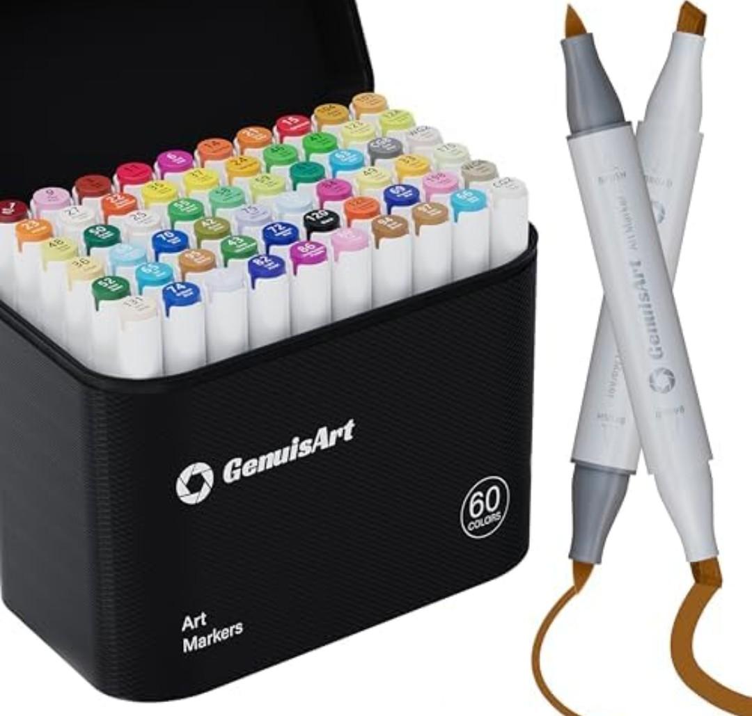 GenuisArt 60 Markers, With Bleeding-Proof Drawing Mat, Dual Tips Art Markers for Coloring, Sketching, Card Making and DIY Painting-Perfect for Painting Enthusiast -Refillable