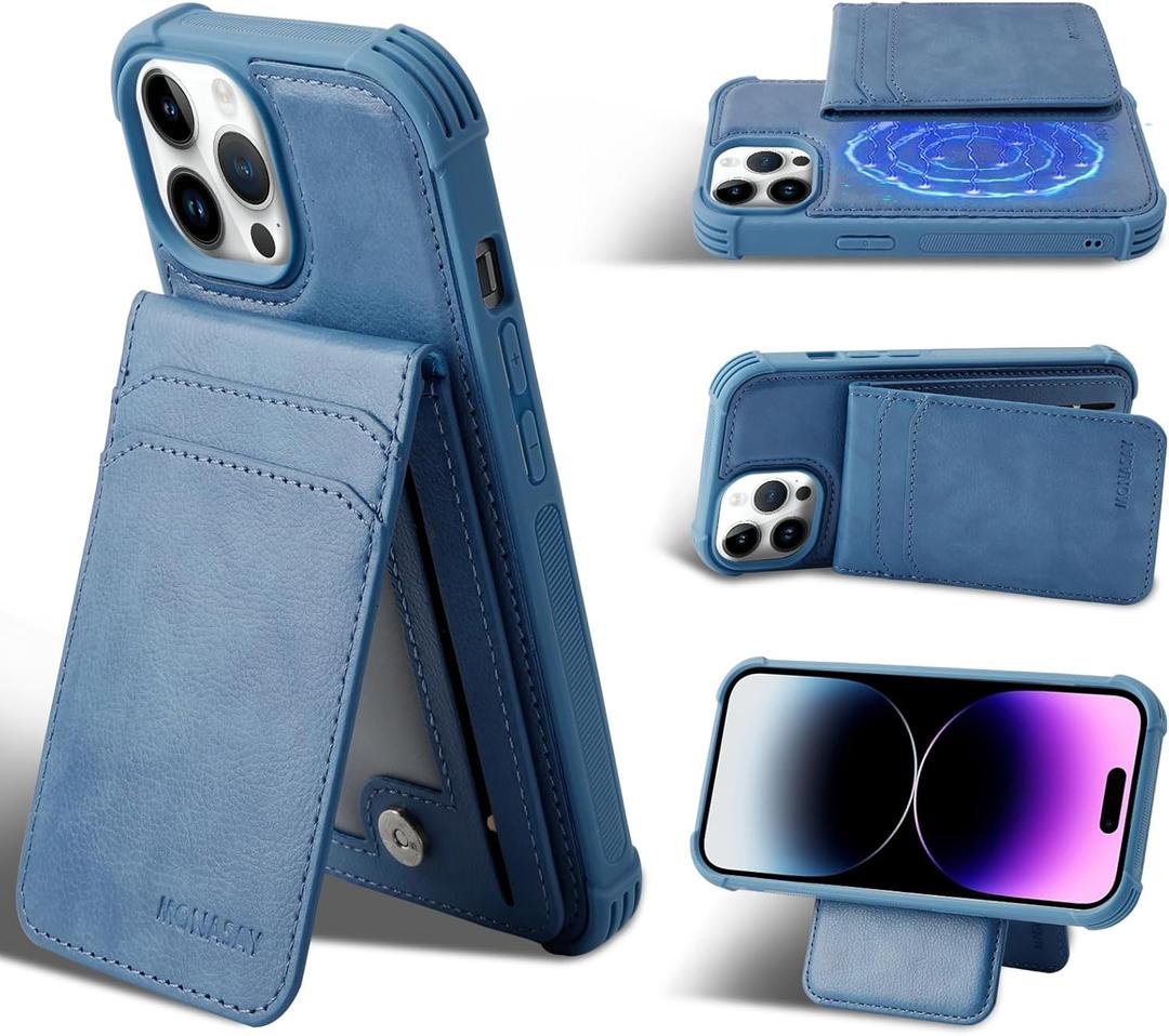 MONASAY Magsafe Wallet Case Compatible for iPhone 13 Pro 6.1 inch, [Supports Wireless Charging] [Screen Protector] Magnetic Leather Phone Cover with Detachable RFID Blocking Card Holder, Light Blue