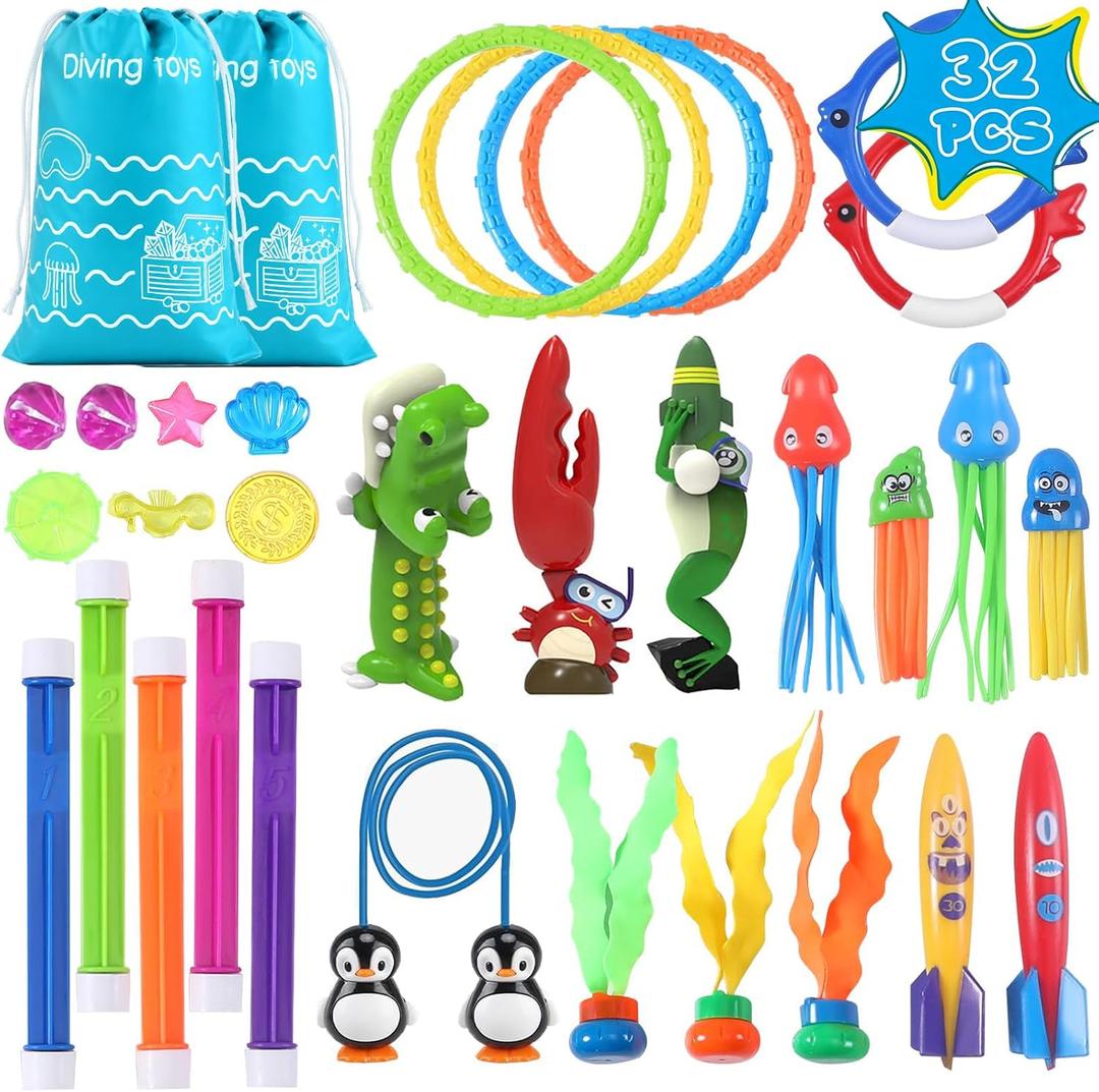 32 Packs Summer Pool Diving Swimming Essentials Water Toys for Kids, Fun Swim Games Sinking Set, Underwater Dive Easter Day Gifts with Storage Bag Include Torpedo Gems Shark Rings Sea Animals