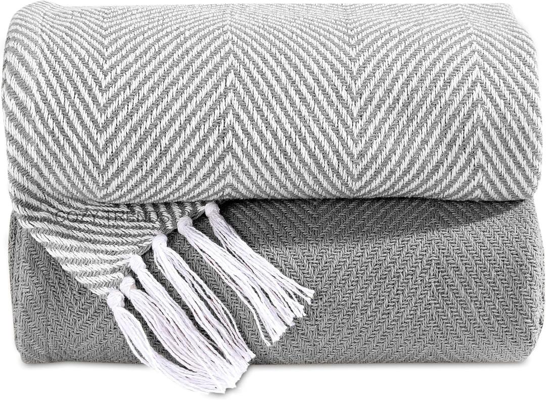 Cotton Throw Blankets  Set of 2  50"x60"  Striped with Fringe  Soft Lightweight Rustic Ottoman & Chair Throws  Decorative Boho Couch Blanket  Indoor Outdoor Picnic Throw (Diamond Grey)
